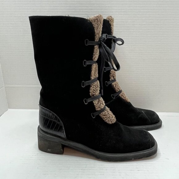 Stuart Weitzman Black Suede Brown Faux Fur Lined Stacked Heel Boot Zip Up 8.5 - Picture 4 of 11